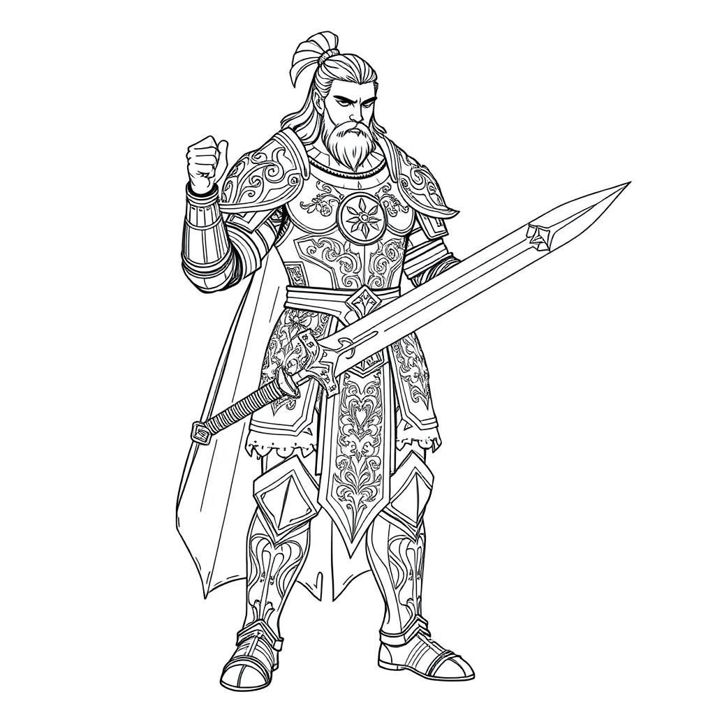 Line art of a human paladin, depicted in fine, intricate detail