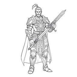 Line art of a human paladin, depicted in fine, intricate detail