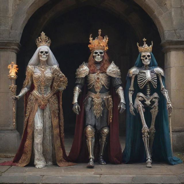 A skeleton royal court scene with a knight in robust armor, a king adorned with a gem-studded crown, a mage with an ancient staff, a skeletal horse with ghostly flame mane, and a queen in a regal robe.