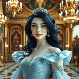 A beautiful and regal princess with striking black hair and porcelain white skin