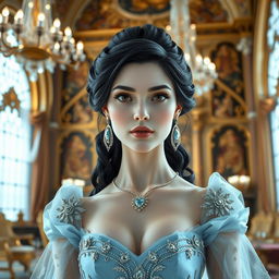 A beautiful and regal princess with striking black hair and porcelain white skin