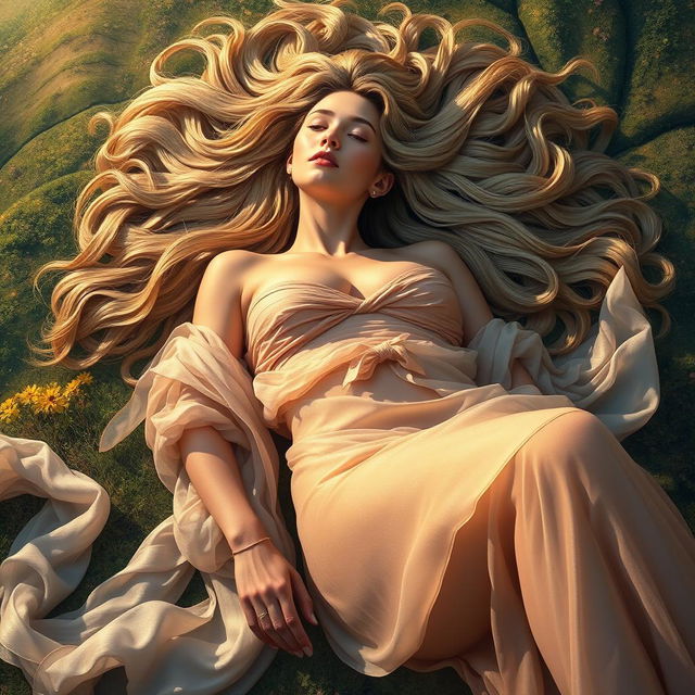 A seductive giant woman lying down in a relaxed pose, with a dreamy expression on her face, surrounded by a vibrant landscape