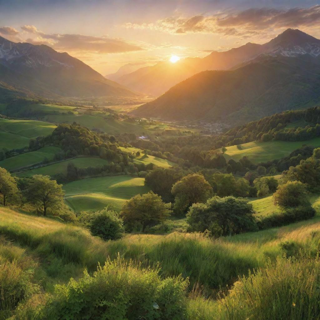 An enchanting vista of a verdant valley, bathed in the golden glow of a setting sun, with a distant range of majestic mountains standing guard.