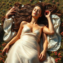 A seductive giant woman lying down in a relaxed pose, with a dreamy expression on her face, surrounded by a vibrant landscape