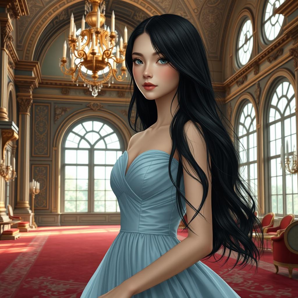 A hyper-realistic depiction of the prettiest girl, characterized by her long, flowing black hair and pale, porcelain-like skin