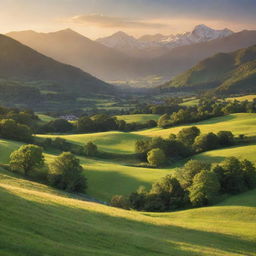 An enchanting vista of a verdant valley, bathed in the golden glow of a setting sun, with a distant range of majestic mountains standing guard.