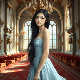 A hyper-realistic depiction of the prettiest girl, characterized by her long, flowing black hair and pale, porcelain-like skin