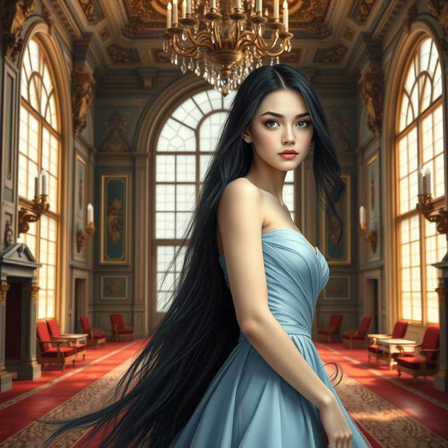 A hyper-realistic depiction of the prettiest girl, characterized by her long, flowing black hair and pale, porcelain-like skin