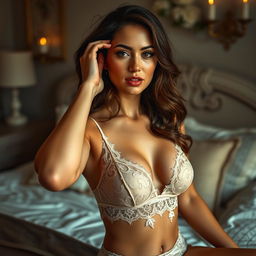 A tasteful and elegant lingerie session featuring a confident and beautiful adult model showcasing luxurious lace and silk lingerie