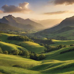 An enchanting vista of a verdant valley, bathed in the golden glow of a setting sun, with a distant range of majestic mountains standing guard.