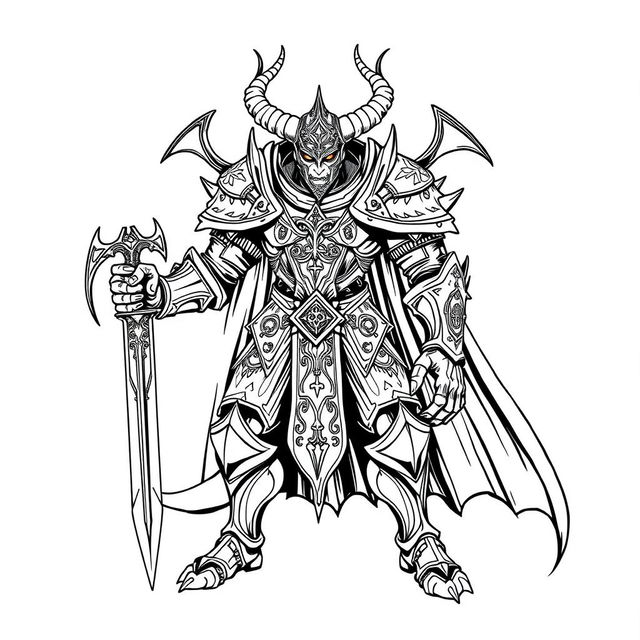 Line art of a humanoid demonic knight, featuring intricate armor adorned with runic symbols and spikes