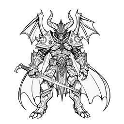 Line art of a humanoid demonic knight, featuring intricate armor adorned with runic symbols and spikes