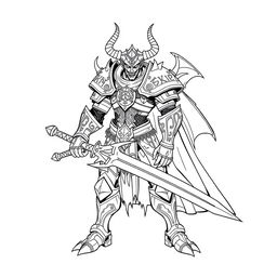 Line art of a humanoid demonic knight, featuring intricate armor adorned with runic symbols and spikes