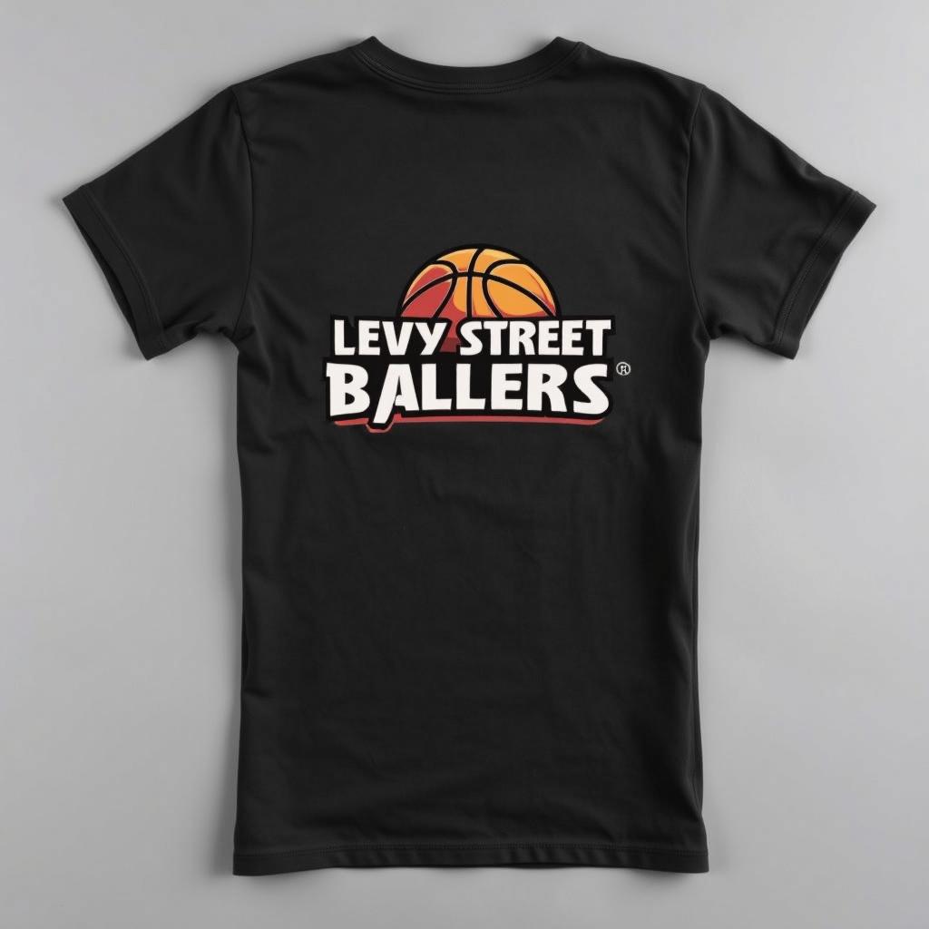 A blank black t-shirt featuring the logo for a social basketball team named 'Levy Street Ballers'