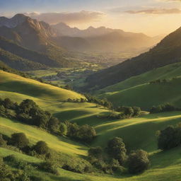 An enchanting vista of a verdant valley, bathed in the golden glow of a setting sun, with a distant range of majestic mountains standing guard.