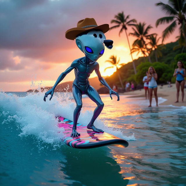 An alien with glowing blue eyes and metallic skin, wearing a cowboy hat, is surfing on a neon-patterned surfboard in Hawaii, featuring a beautiful sunset and beachgoers watching in awe