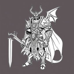 Line art of a humanoid demonic knight without horns, showcasing intricate armor adorned with runic symbols and spikes