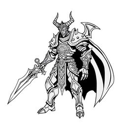 Line art of a humanoid demonic knight without horns, showcasing intricate armor adorned with runic symbols and spikes