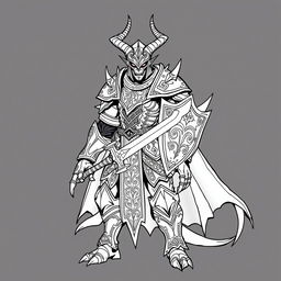 Line art of a humanoid demonic knight without horns, showcasing intricate armor adorned with runic symbols and spikes