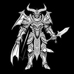 Line art of a humanoid demonic knight without horns, showcasing intricate armor adorned with runic symbols and spikes