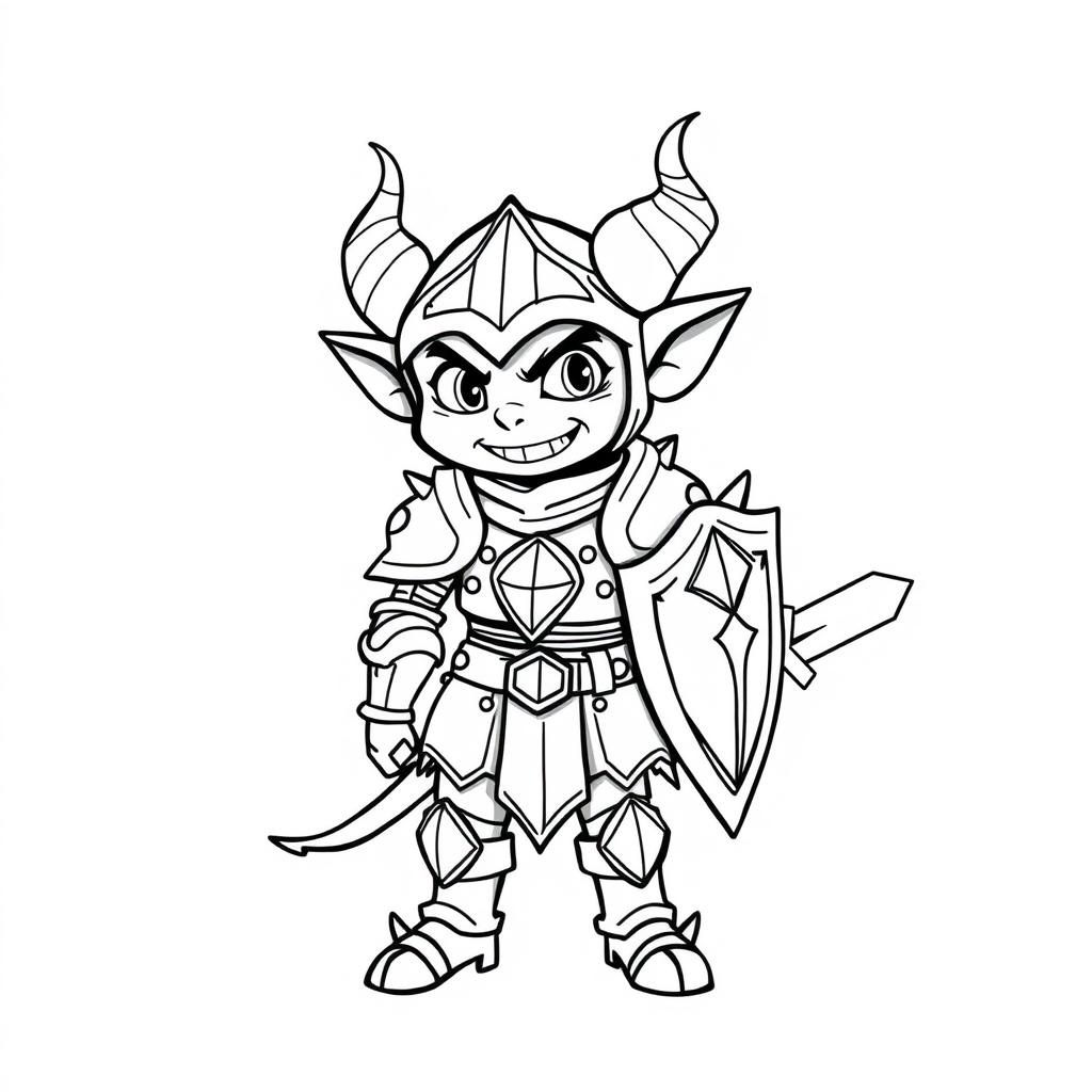 Line art of a humanoid imp knight without horns, featuring whimsical and mischievous armor design