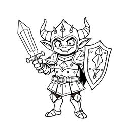 Line art of a humanoid imp knight without horns, featuring whimsical and mischievous armor design