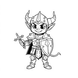 Line art of a humanoid imp knight without horns, featuring whimsical and mischievous armor design