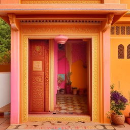 A traditional, intricately designed Indian Desi house with vibrant colors, ornate decorations, and a welcoming courtyard.