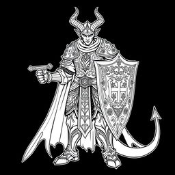 Line art of a tiefling knight, showcasing a blend of demonic and noble characteristics