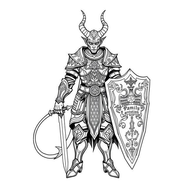 Line art of a tiefling knight, showcasing a blend of demonic and noble characteristics