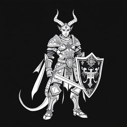 Line art of a tiefling knight, showcasing a blend of demonic and noble characteristics