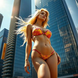 A colossal and sexy blonde woman, 300 meters tall, in a vibrant bikini, sensually rubbing her large breasts against a towering skyscraper