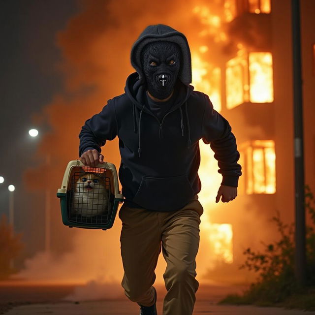 A man with short brown hair, wearing sand-colored chinos and a navy blue hoodie, dashes from a burning apartment building at night, carrying a cat carrier containing a ragdoll cat