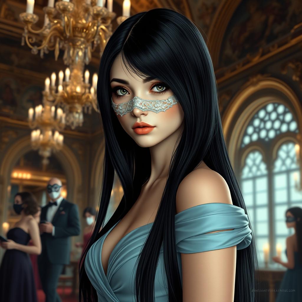 A hyper-realistic rendering of the prettiest girl, with long, sleek black hair and luminous pale skin