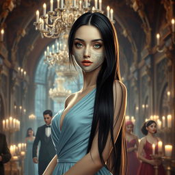 A hyper-realistic rendering of the prettiest girl, with long, sleek black hair and luminous pale skin