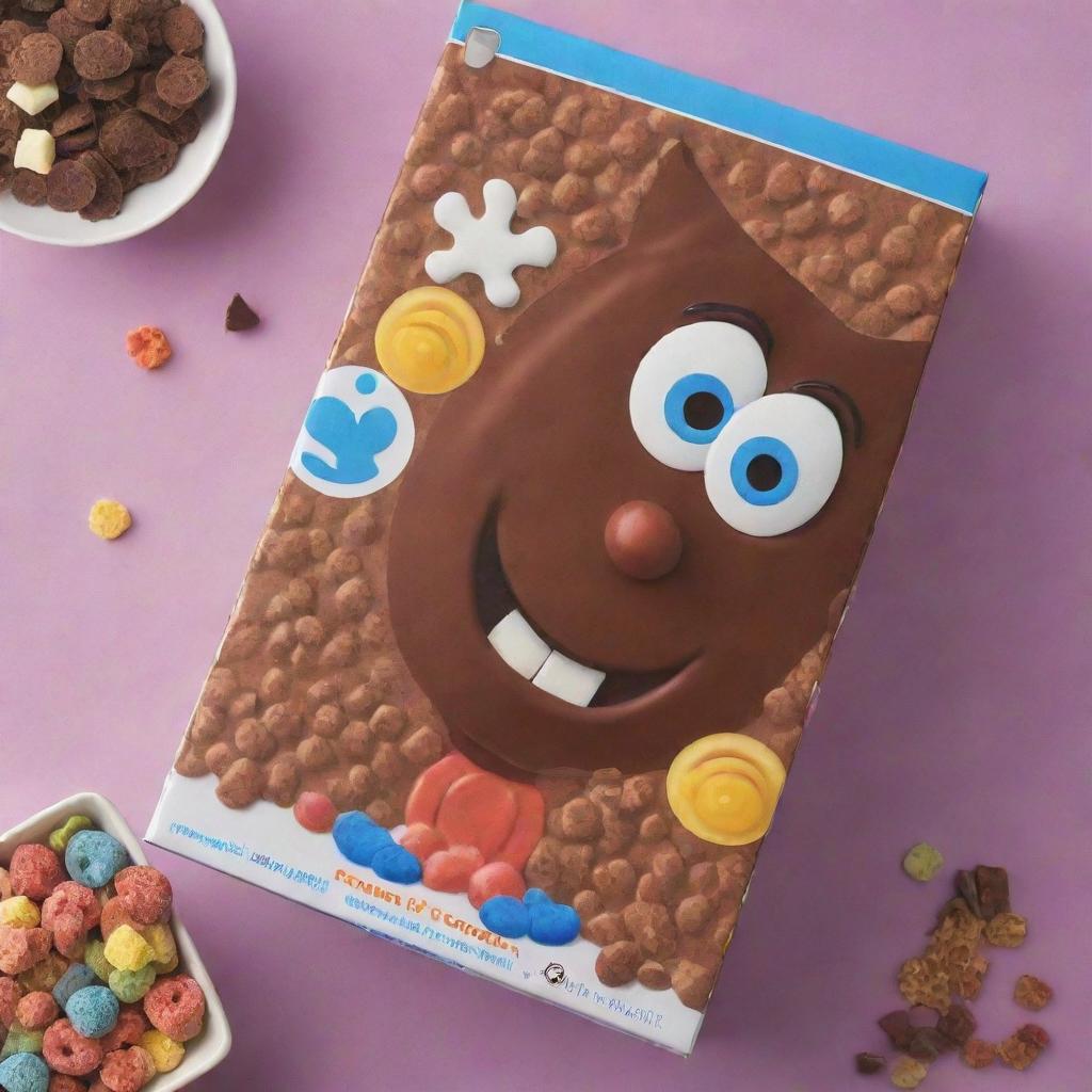 Design a fun and vibrant cereal box for a kids' chocolate flavored cereal. Include cartoon characters, kid-appealing colors and elements of chocolate.