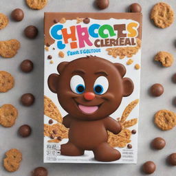 Design a fun and vibrant cereal box for a kids' chocolate flavored cereal. Include cartoon characters, kid-appealing colors and elements of chocolate.