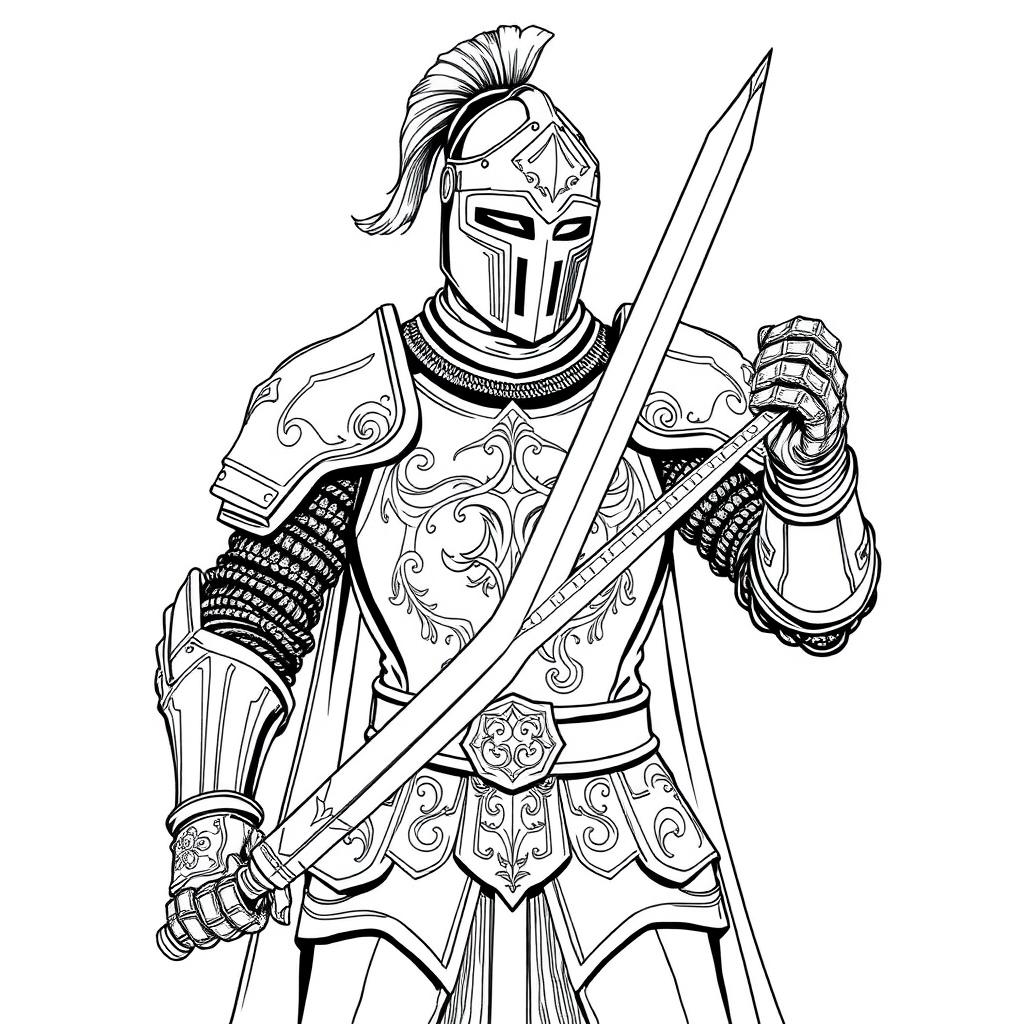 A detailed line art illustration of a human knight in a noble pose