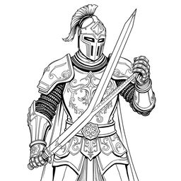 A detailed line art illustration of a human knight in a noble pose