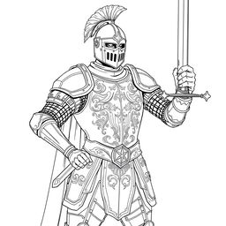 A detailed line art illustration of a human knight in a noble pose