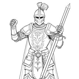 A detailed line art illustration of a human knight in a noble pose