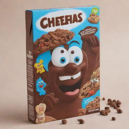 Design a fun and vibrant cereal box for a kids' chocolate flavored cereal. Include cartoon characters, kid-appealing colors and elements of chocolate.