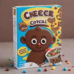 Design a fun and vibrant cereal box for a kids' chocolate flavored cereal. Include cartoon characters, kid-appealing colors and elements of chocolate.