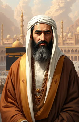 A dignified and graceful depiction of Abu Bakr as-Siddiq, the first Caliph, highlighting his virtues of honesty, kindness, and intelligence