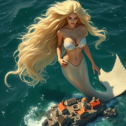 An enormous and sexy blonde mermaid, 300 meters tall, in a sparkling bikini, helping a miniature coastal village below