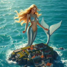 An enormous and sexy blonde mermaid, 300 meters tall, in a sparkling bikini, helping a miniature coastal village below