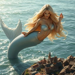 An enormous and sexy blonde mermaid, 300 meters tall, in a sparkling bikini, helping a miniature coastal village below