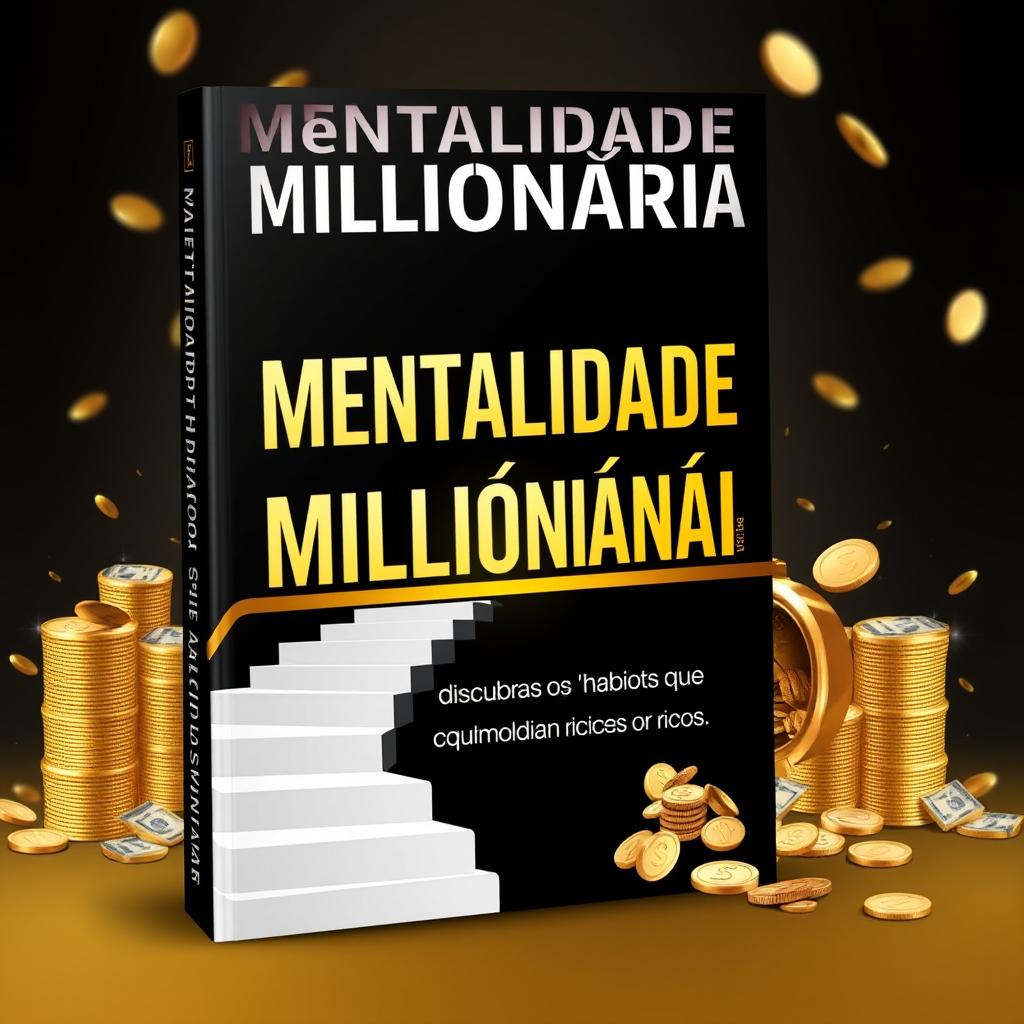 An eBook cover design titled "Mentalidade Milionária: Descubra os Hábitos que Moldam os Ricos" exuding success, luxury, and power