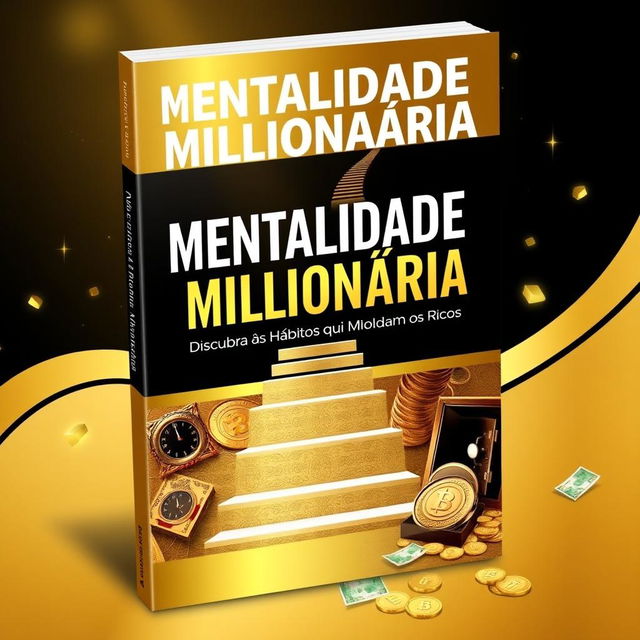 An eBook cover design titled "Mentalidade Milionária: Descubra os Hábitos que Moldam os Ricos" exuding success, luxury, and power