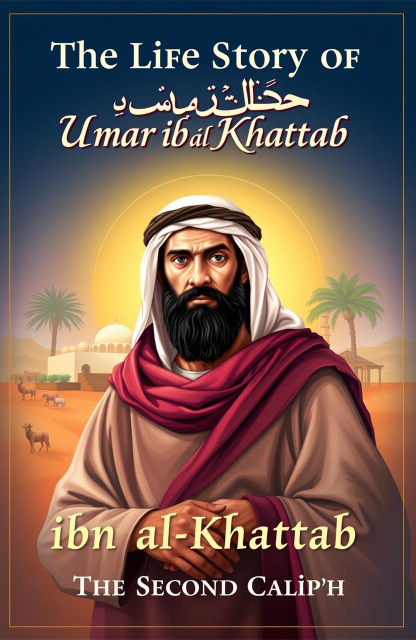 A historically inspired book cover for "The Life Story of Umar ibn al-Khattab", focusing on the second caliph known for his strength, intelligence, and fierce determination